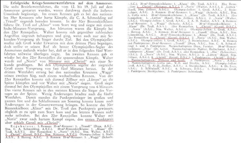 Bericht Sommerwettfahrt auf dem Ammersee 1941